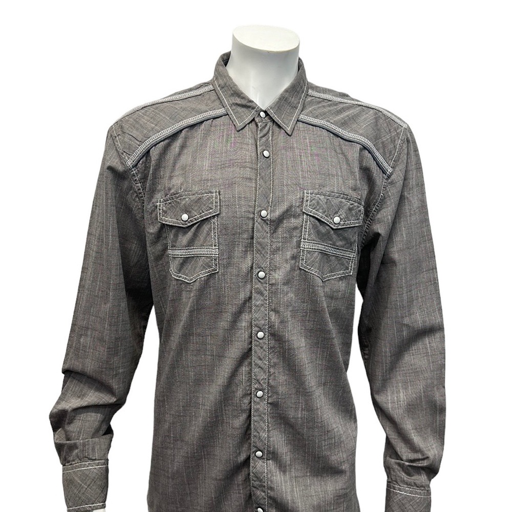 BKE Buckle Men’s Gray Western Distressed Long Sleeve White Pearl Snap Shirt XL